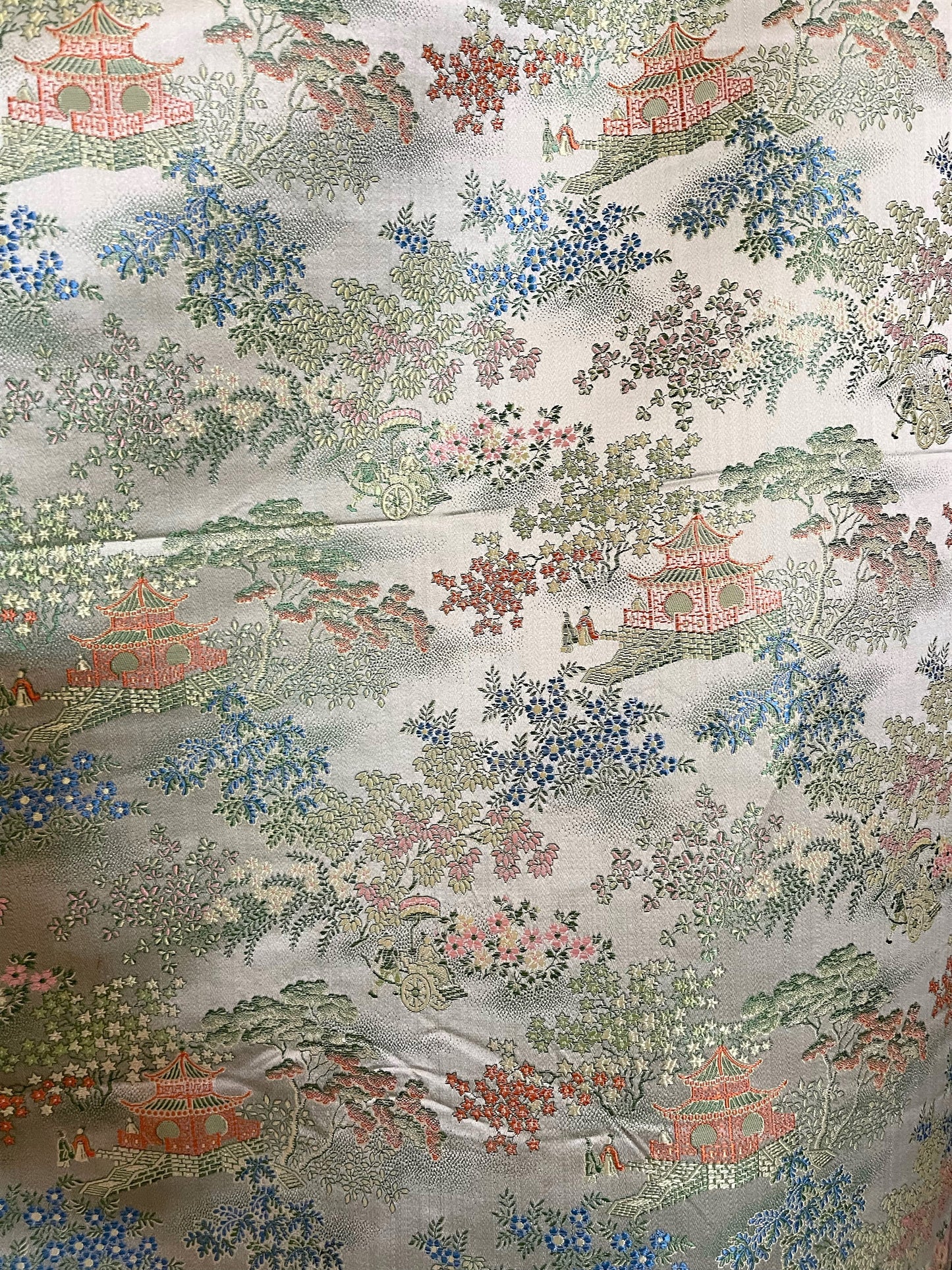 Vintage Chinoiserie Silk Fabric with Pagodas Willows and Rickshaws