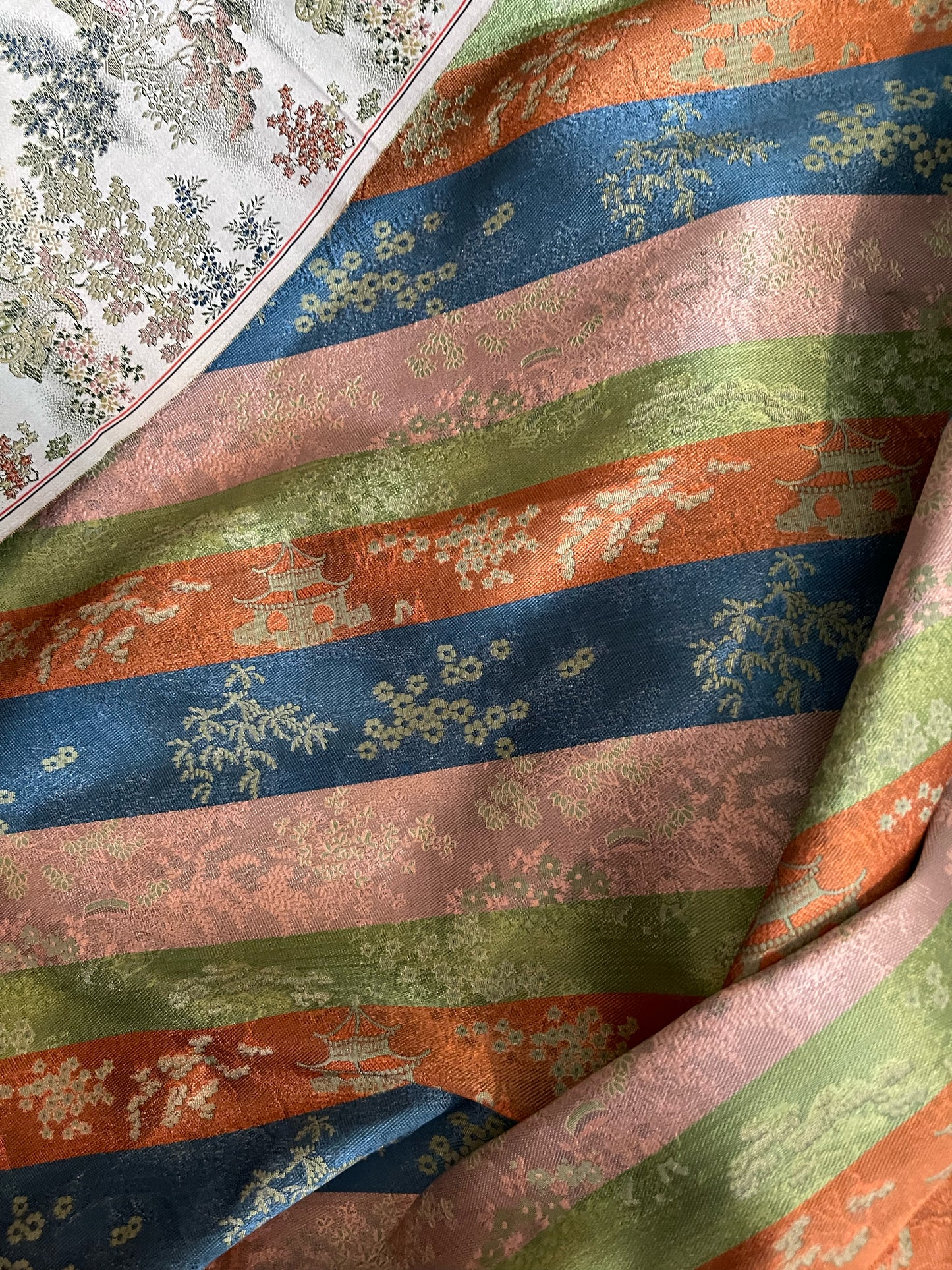 Vintage Chinoiserie Silk Fabric with Pagodas Willows and Rickshaws