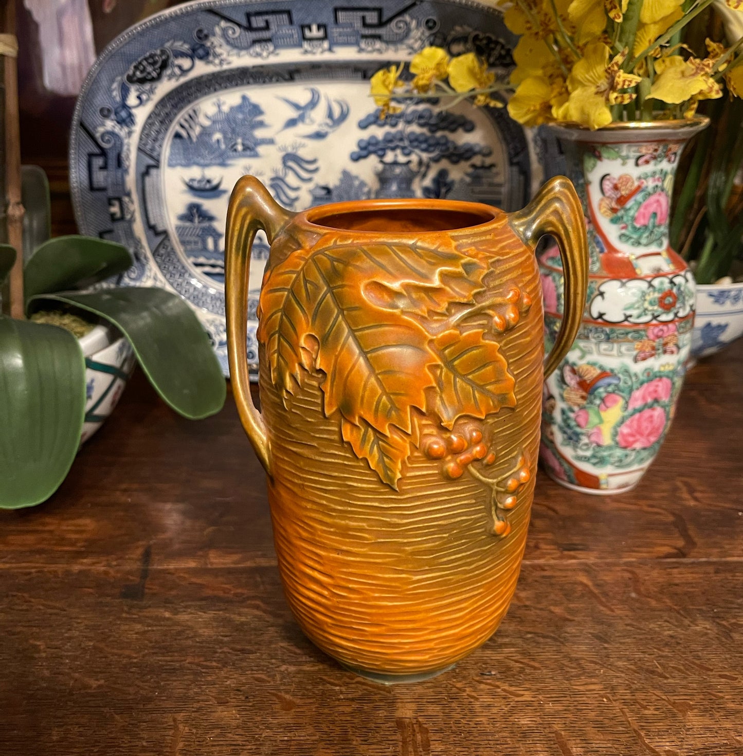 Roseville Bushberry Double Handled Vase, Vintage, Russet Leaves and Berries