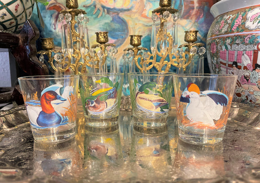 Set of 4 Arcoroc France Wood Duck & Mallard Lowball Glasses, Made in France, Vibrant Colors