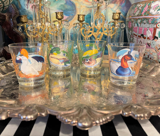 Set of 4 Arcoroc France Wood Duck & Mallard Lowball Glasses, Made in France, Vibrant Colors