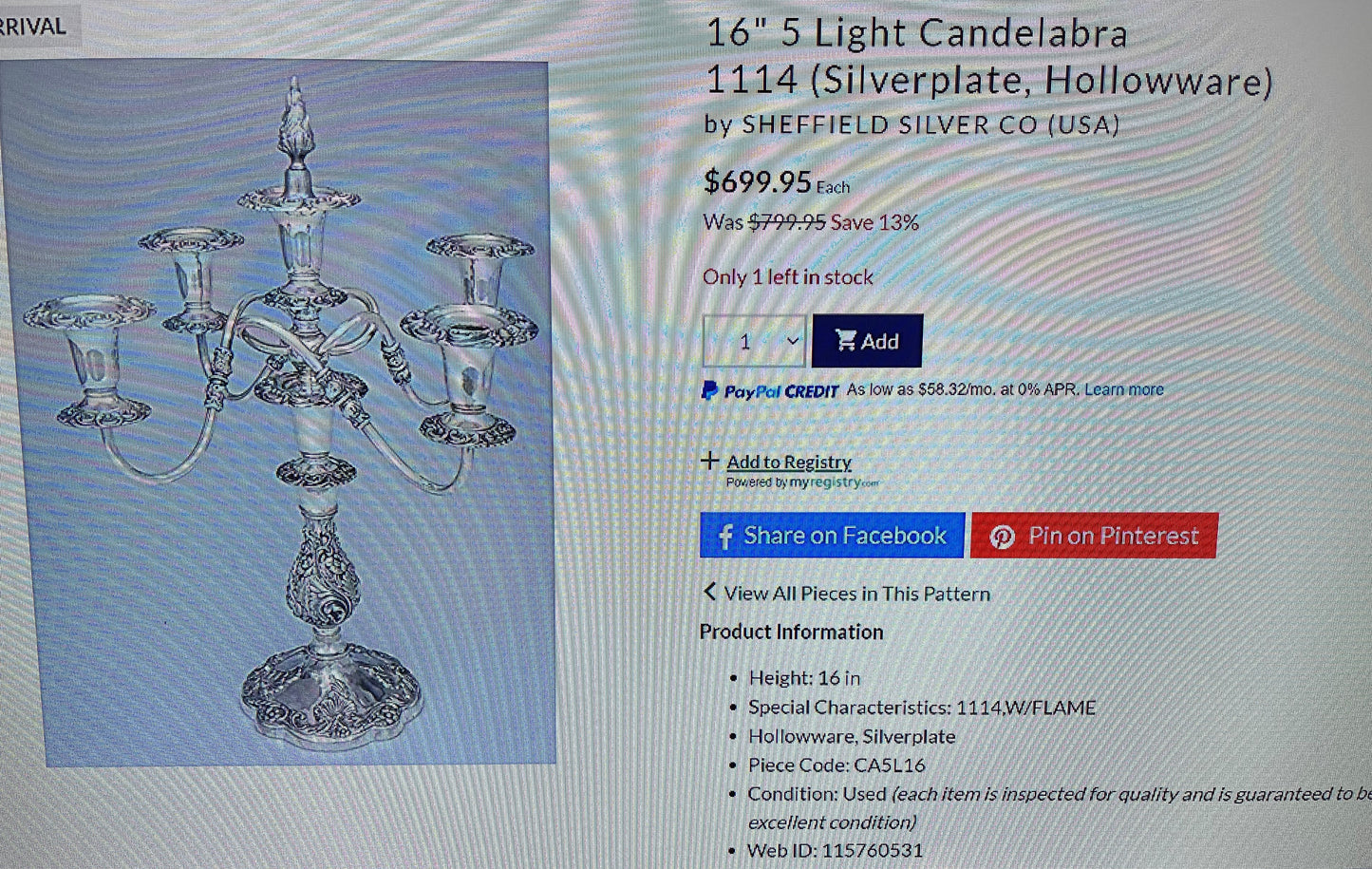Sheffield Silver Co. 5 Light Candelabra with Snuffer, Rococo Style, Vintage, Silver Plate