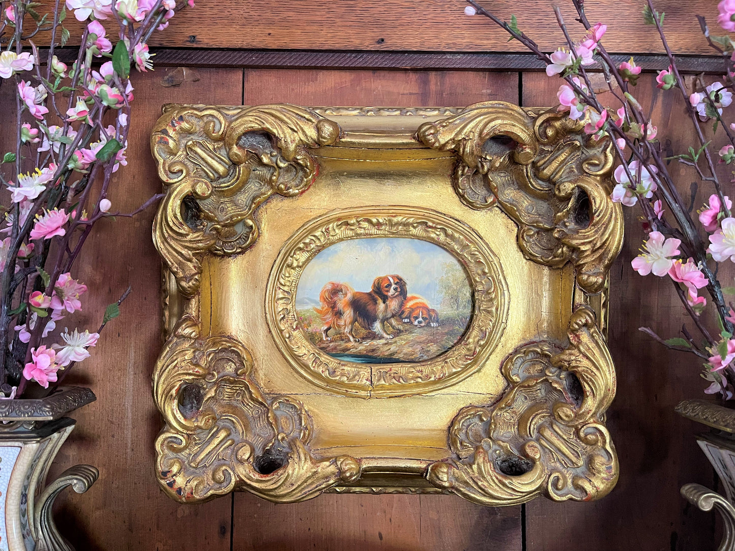 Cavalier King Charles Spaniels Oil Painting on Board in Ornate Gold Gilt Frame, Vintage
