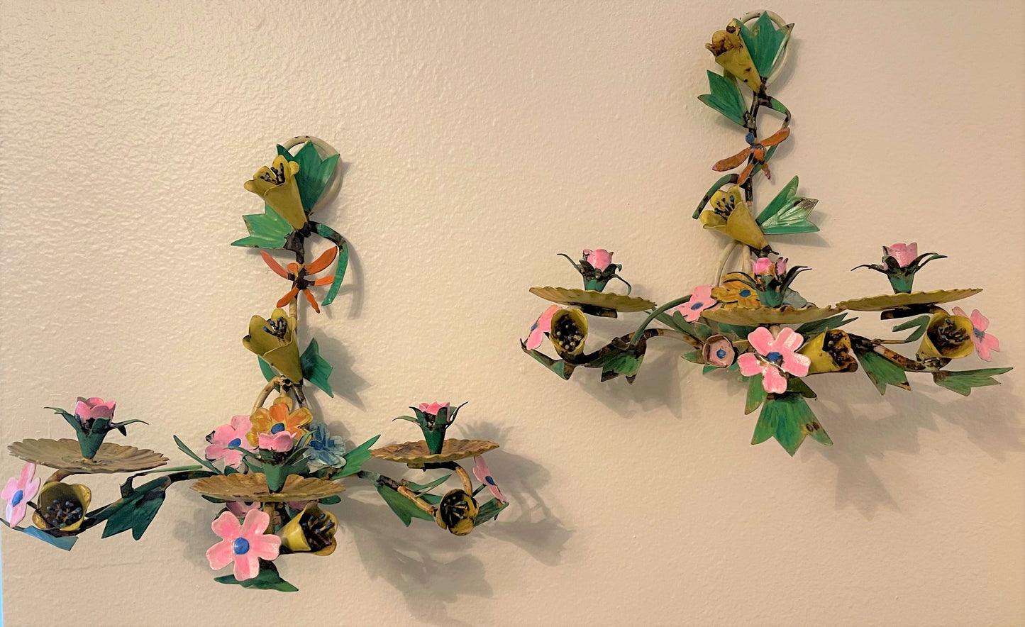 Chippy Shabby Chic Vintage Tole Sconces, Pair, Flowers with Dragonflies, Wall Mount, Candle Sconce