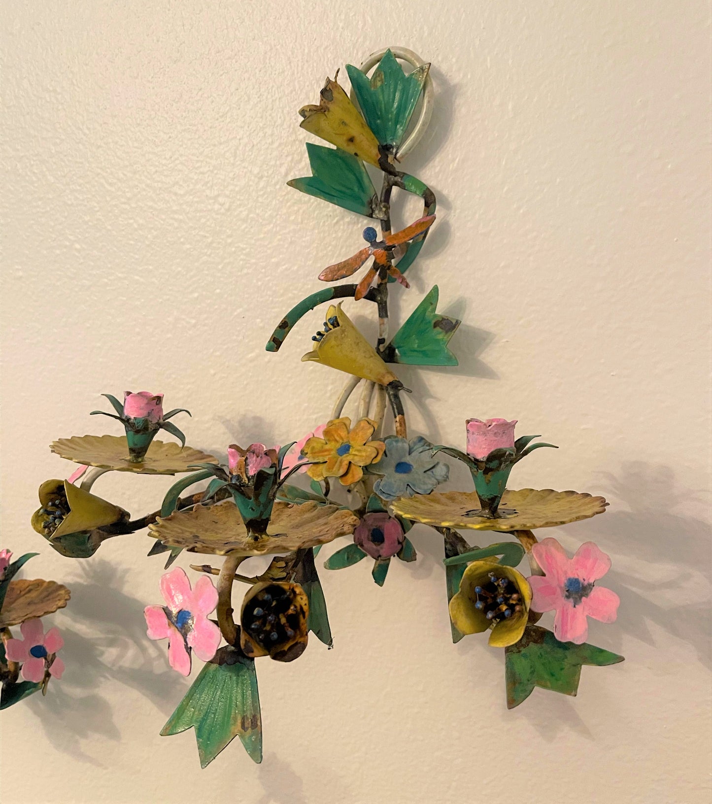 Chippy Shabby Chic Vintage Tole Sconces, Pair, Flowers with Dragonflies, Wall Mount, Candle Sconce