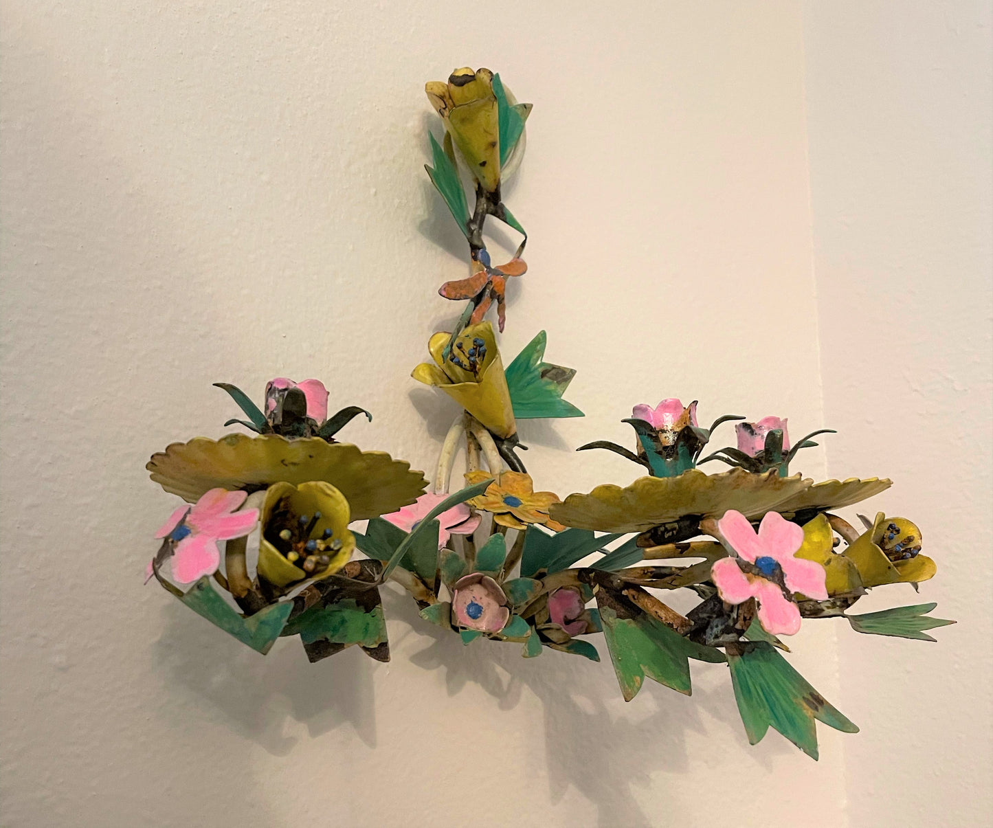 Chippy Shabby Chic Vintage Tole Sconces, Pair, Flowers with Dragonflies, Wall Mount, Candle Sconce