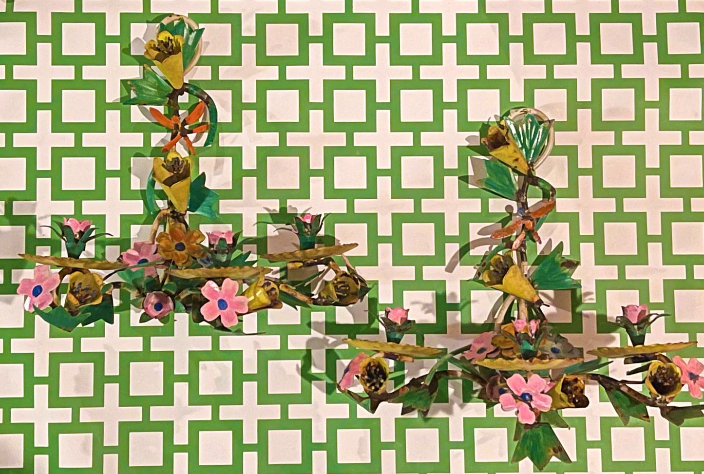 Chippy Shabby Chic Vintage Tole Sconces, Pair, Flowers with Dragonflies, Wall Mount, Candle Sconce