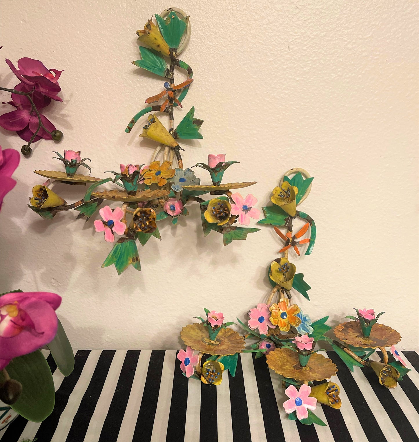 Chippy Shabby Chic Vintage Tole Sconces, Pair, Flowers with Dragonflies, Wall Mount, Candle Sconce