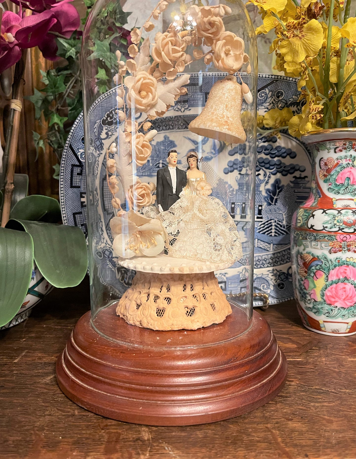 Vintage 1940's Art Deco Wedding Cake Topper Under Cloche