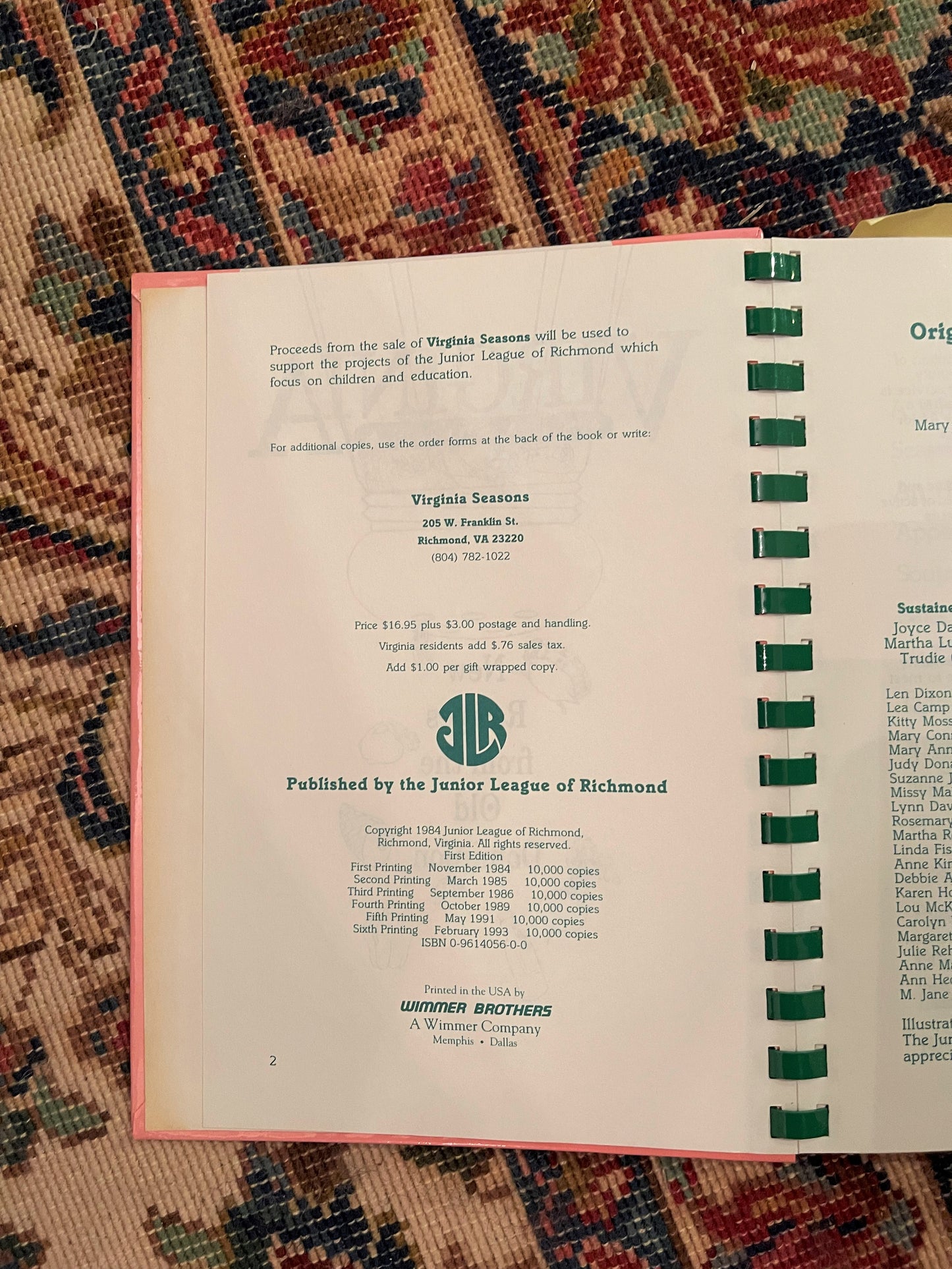 Virginia Seasons Junior League of Richmond Cookbook, Vintage 1993 Edition