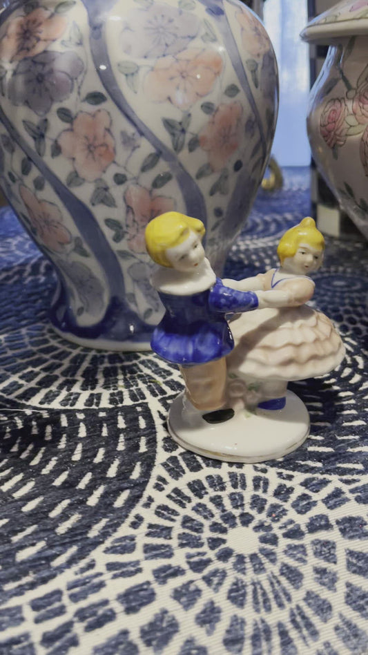 Vintage Statuette of a Dancing Pair, Boy in Blue, Girl in Pink Ruffles, Vintage, Made in Japan
