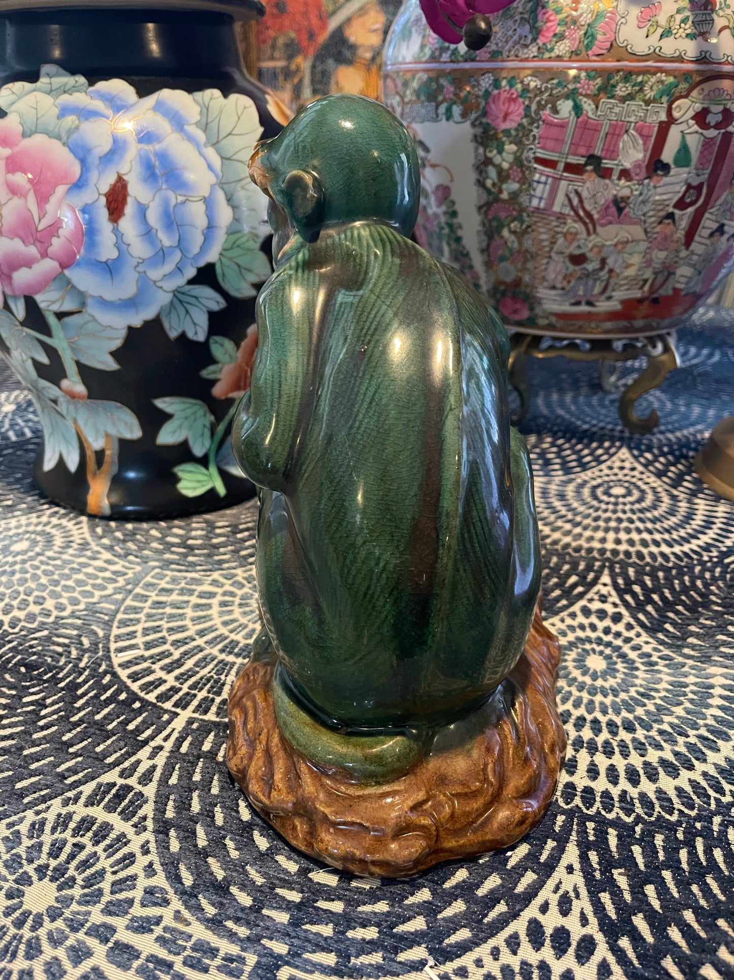 Vintage Majolica Chinoiserie Figural Monkeys, Emerald Green Mother and Baby Capuchin Monkeys,
