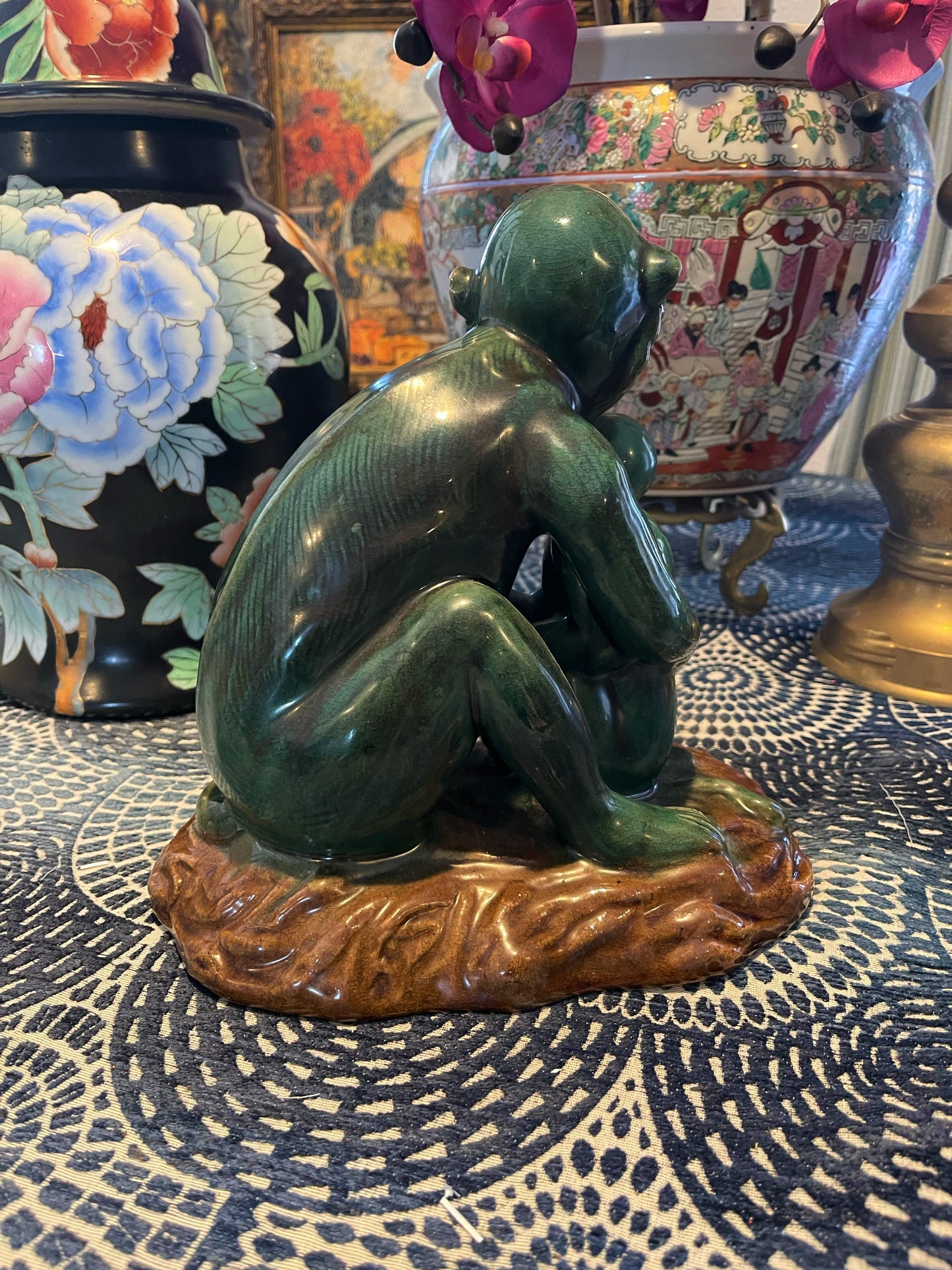 Vintage Majolica Chinoiserie Figural Monkeys, Emerald Green Mother and Baby Capuchin Monkeys,