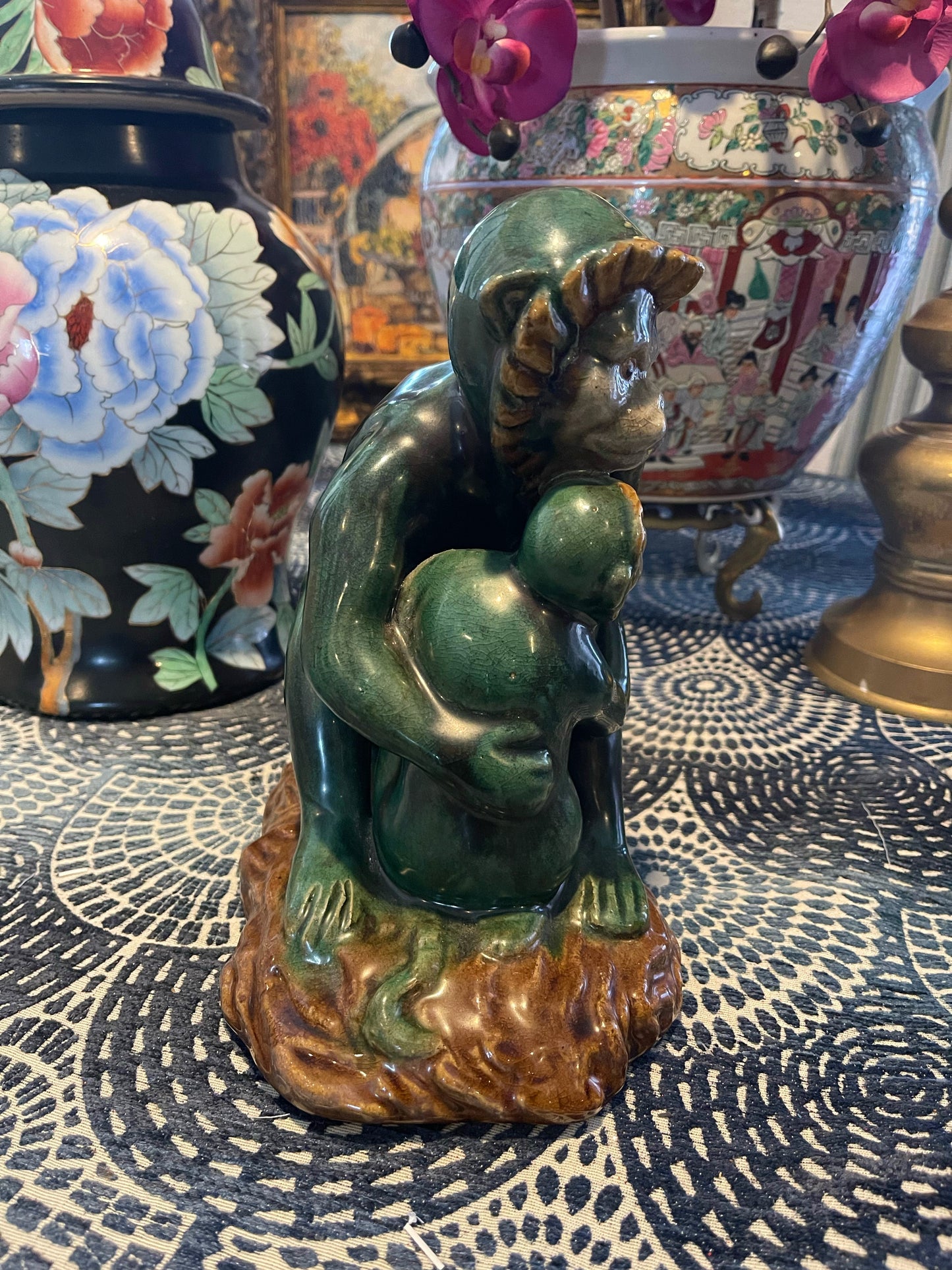 Vintage Majolica Chinoiserie Figural Monkeys, Emerald Green Mother and Baby Capuchin Monkeys,