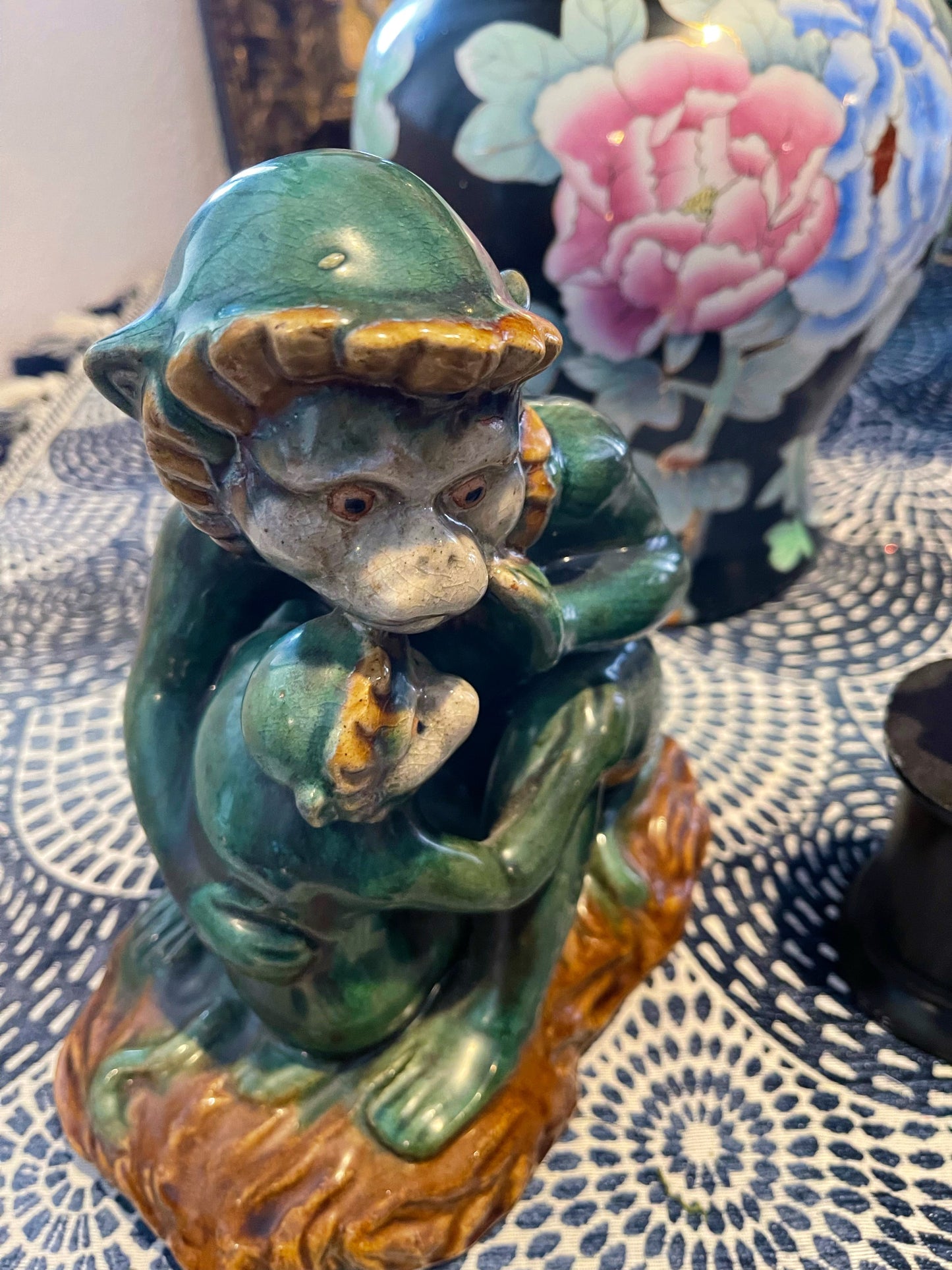 Vintage Majolica Chinoiserie Figural Monkeys, Emerald Green Mother and Baby Capuchin Monkeys,