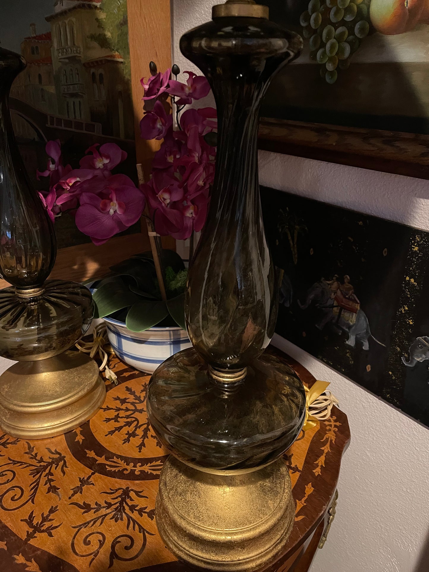 Italian Murano Smoke Glass Table Lamp Pair,MCM