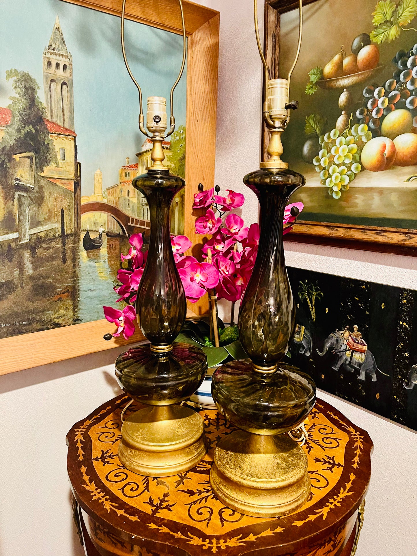 Italian Murano Smoke Glass Table Lamp Pair,MCM