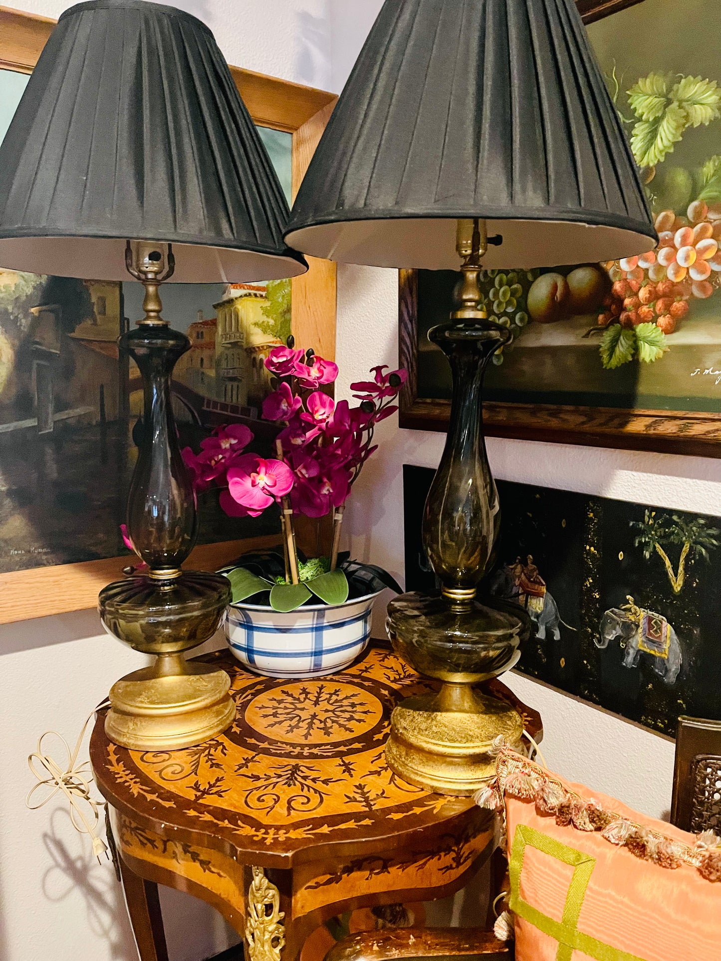 Italian Murano Smoke Glass Table Lamp Pair,MCM