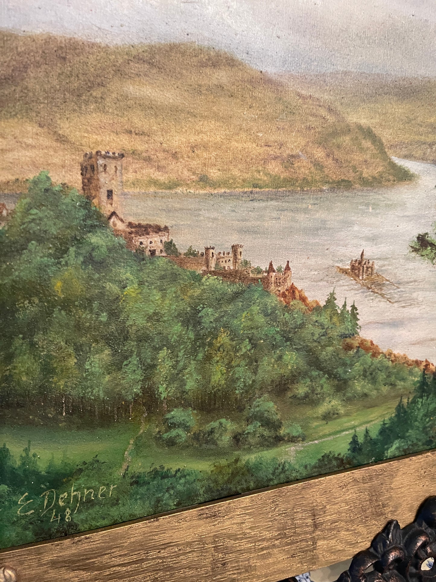 Original Antique Painting of the Rhine River in the Swiss Alps #2, Signed, Framed