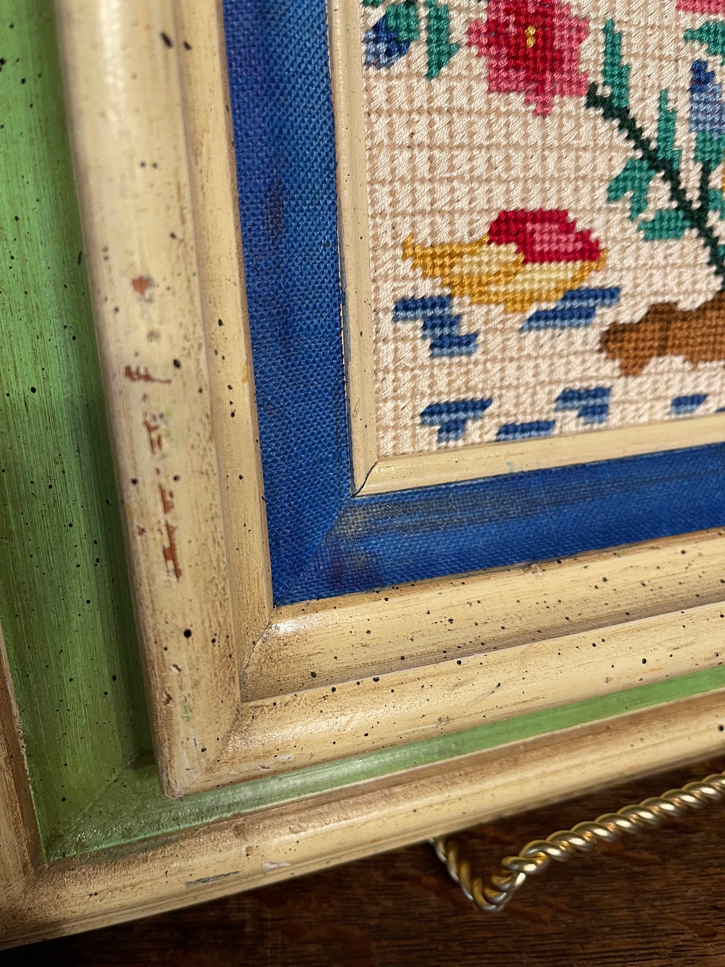 Colorful Vintage Pagoda Needlepoint in Solid Wood Frame