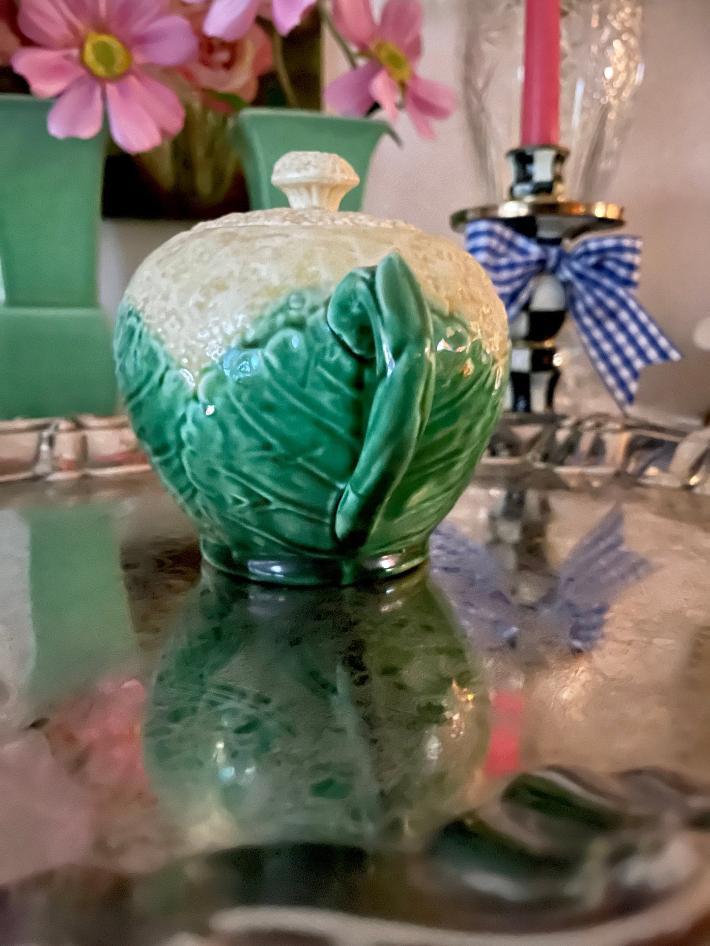 Antique Etruscan Majolica Cauliflower Sugar Bowl with Lid, Antique Majolica