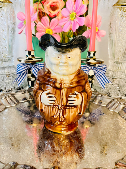 Large Antique French Majolica Monk Jug, French Barbotine Majolica Monk Pitcher