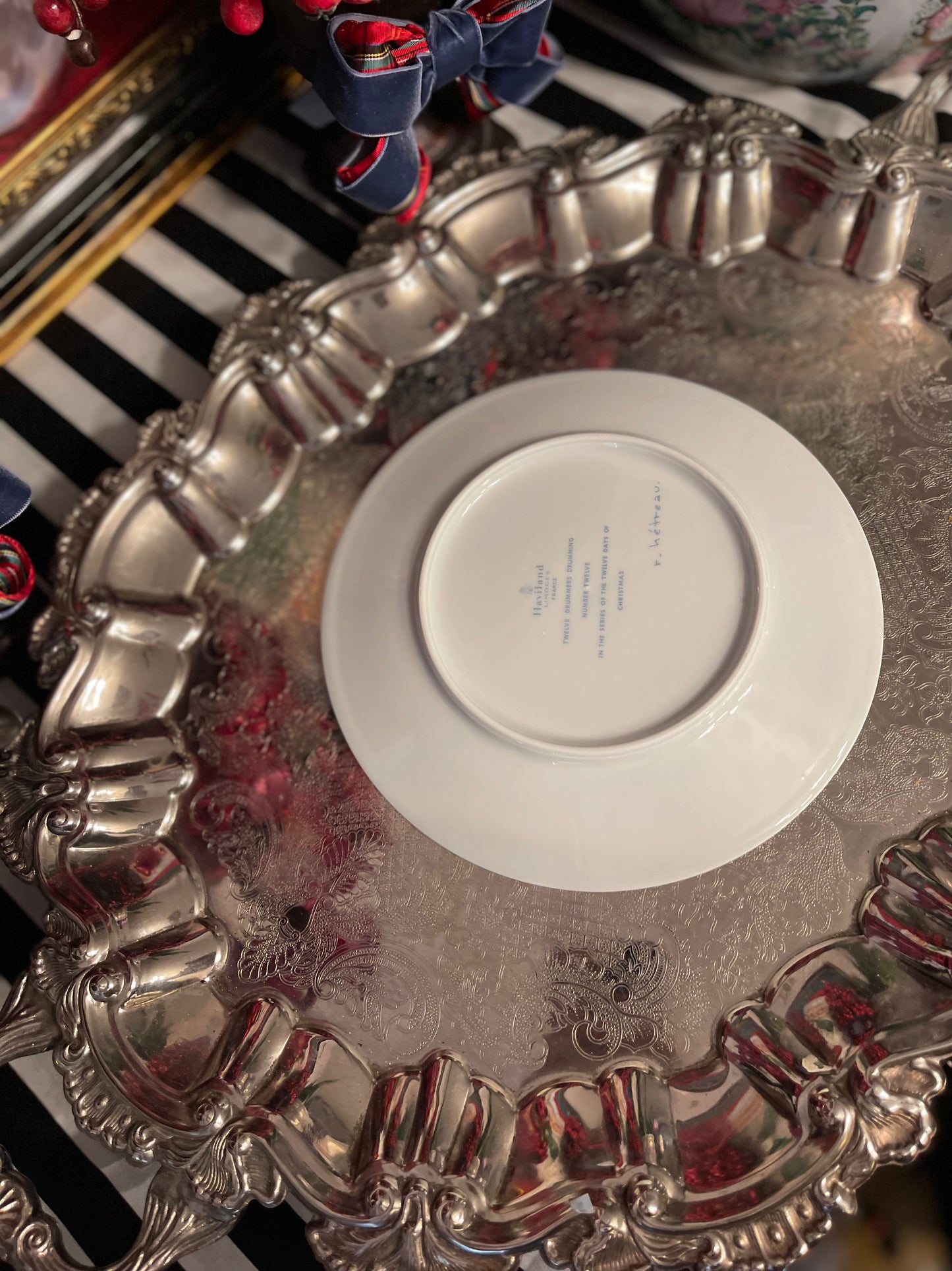 Vintage Haviland Limoges Twelve Drummers Drumming Plate, Blue and White, 12 Days of Christmas