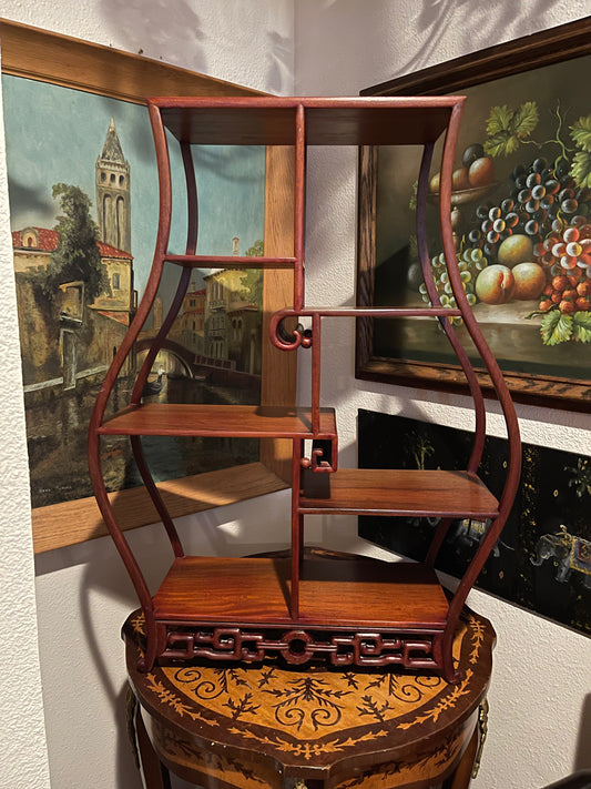 Large Chinoiserie Rosewood Tabletop Curio Shelf with Carved Accents