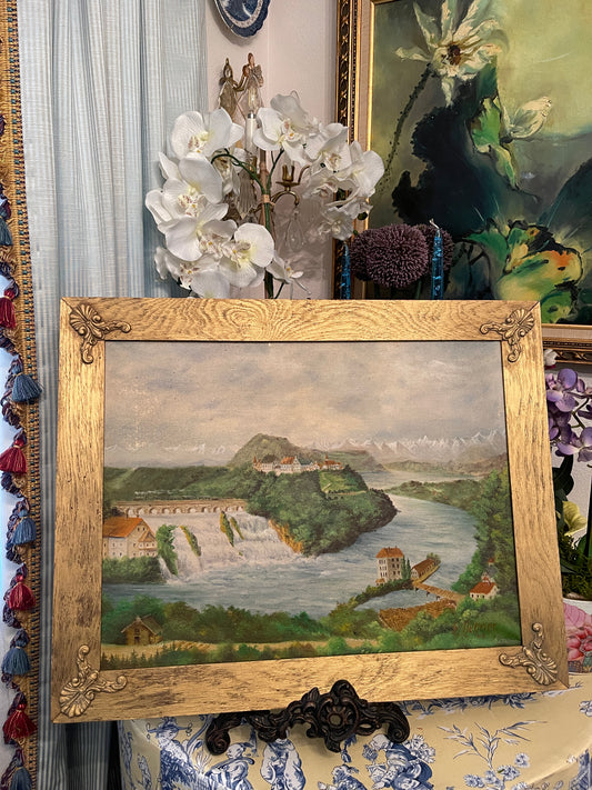 Antique Painting of the Rhine River in the Swiss Alps #1, Signed and Dated, Framed