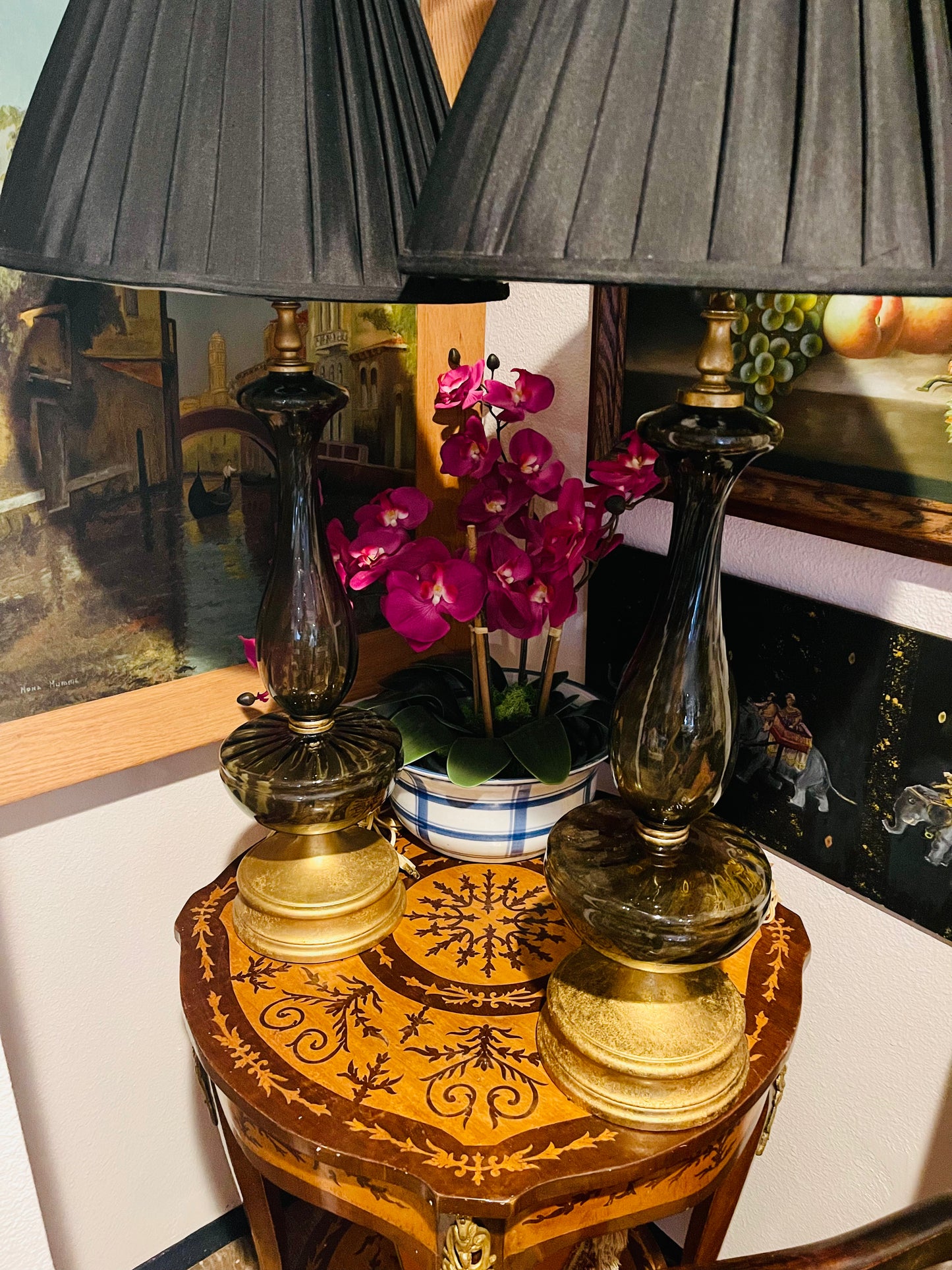 Italian Murano Smoke Glass Table Lamp Pair,MCM