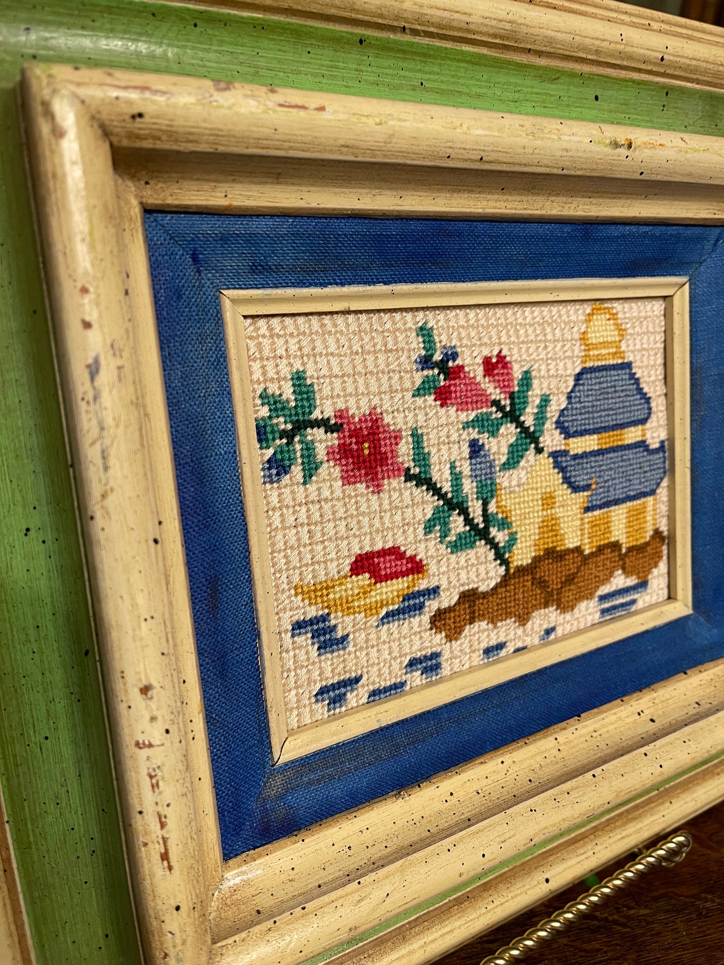 Colorful Vintage Pagoda Needlepoint in Solid Wood Frame