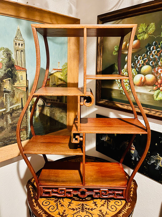 Large Chinoiserie Rosewood Tabletop Curio Shelf with Carved Accents