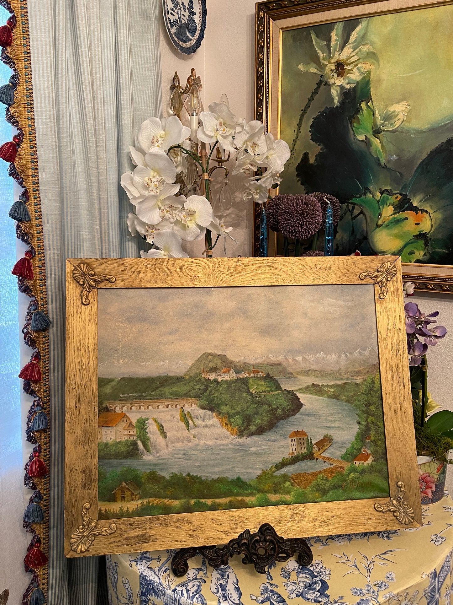 Antique Painting of the Rhine River in the Swiss Alps #1, Signed and Dated, Framed