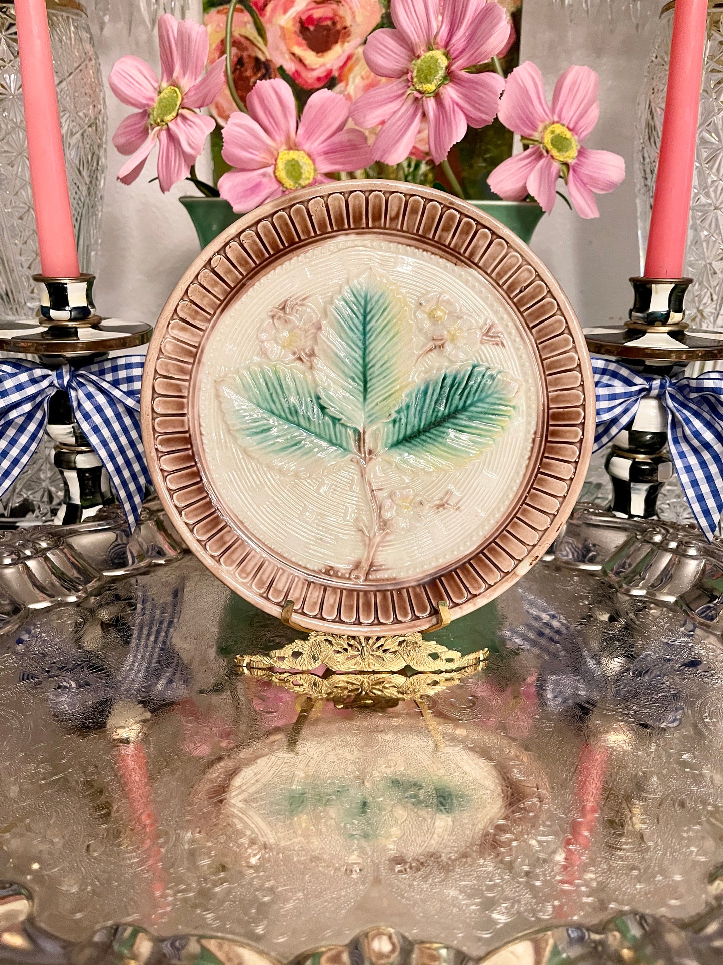 Majolica Three Leaf and Flower Plate, Antique Majolica, Majolica Pottery