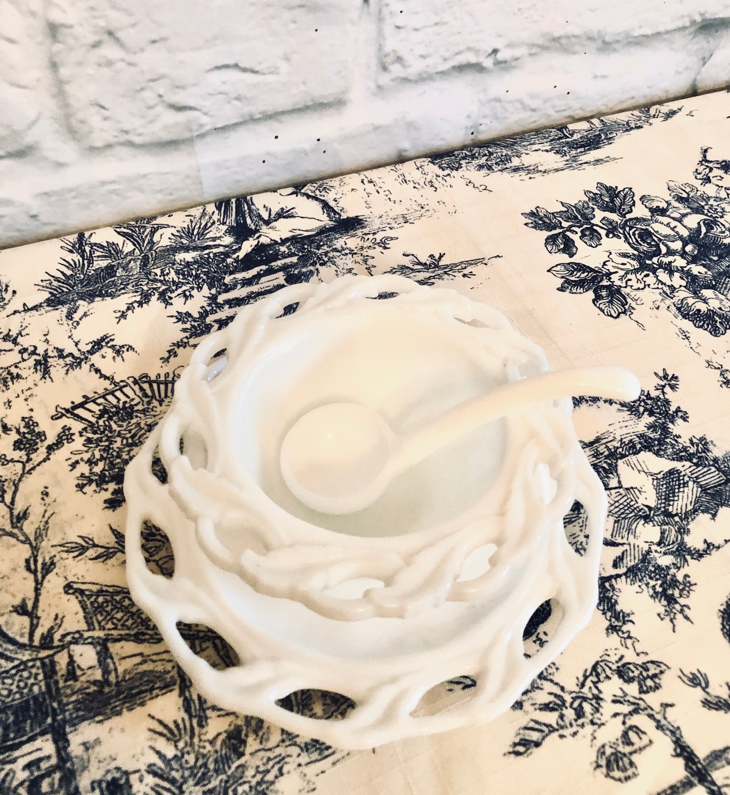 Vintage Imperial Glass Star Holly Milk Glass Bowl, Ladle Spoon, and Underplate
