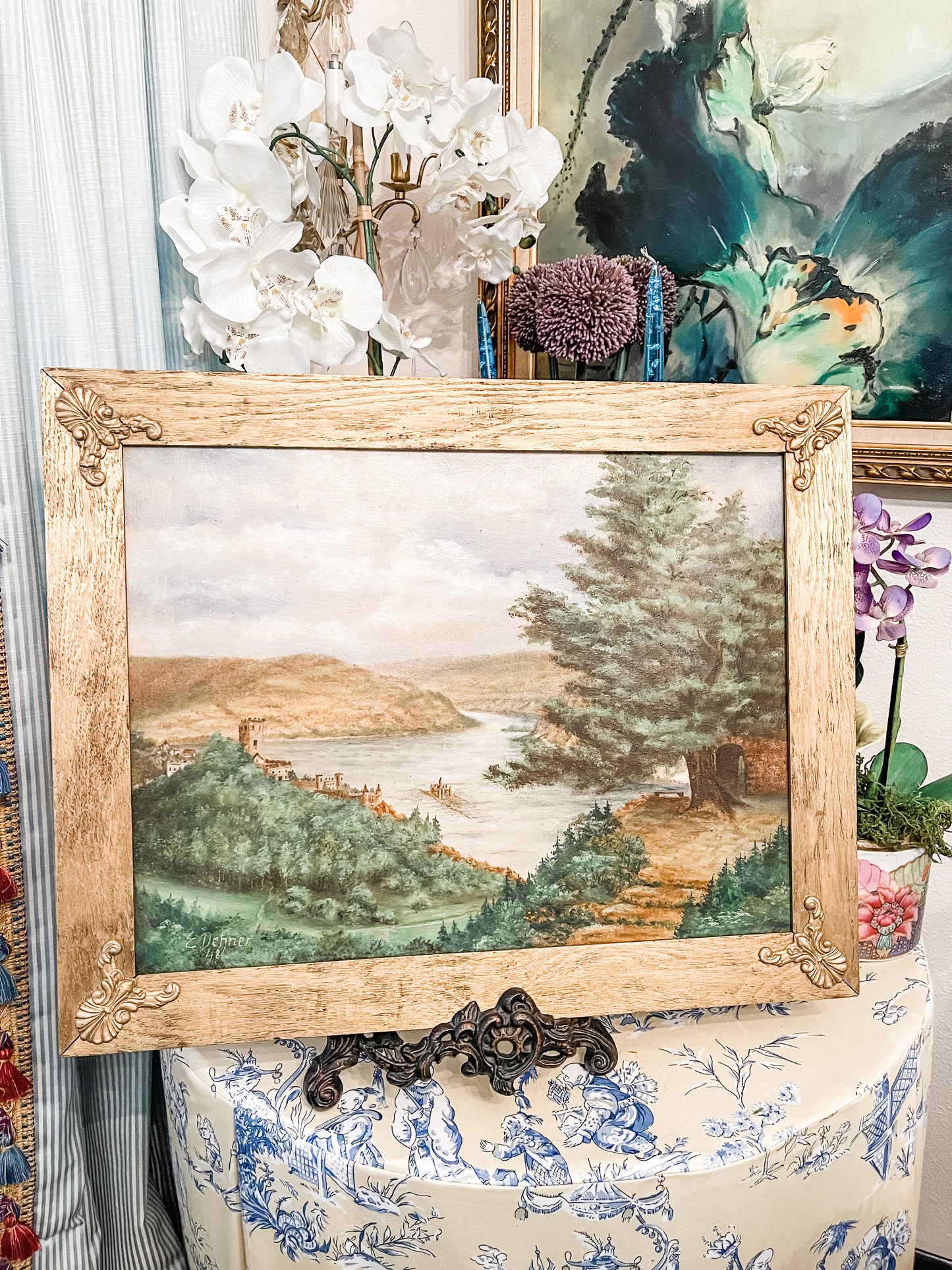 Original Antique Painting of the Rhine River in the Swiss Alps #2, Signed, Framed