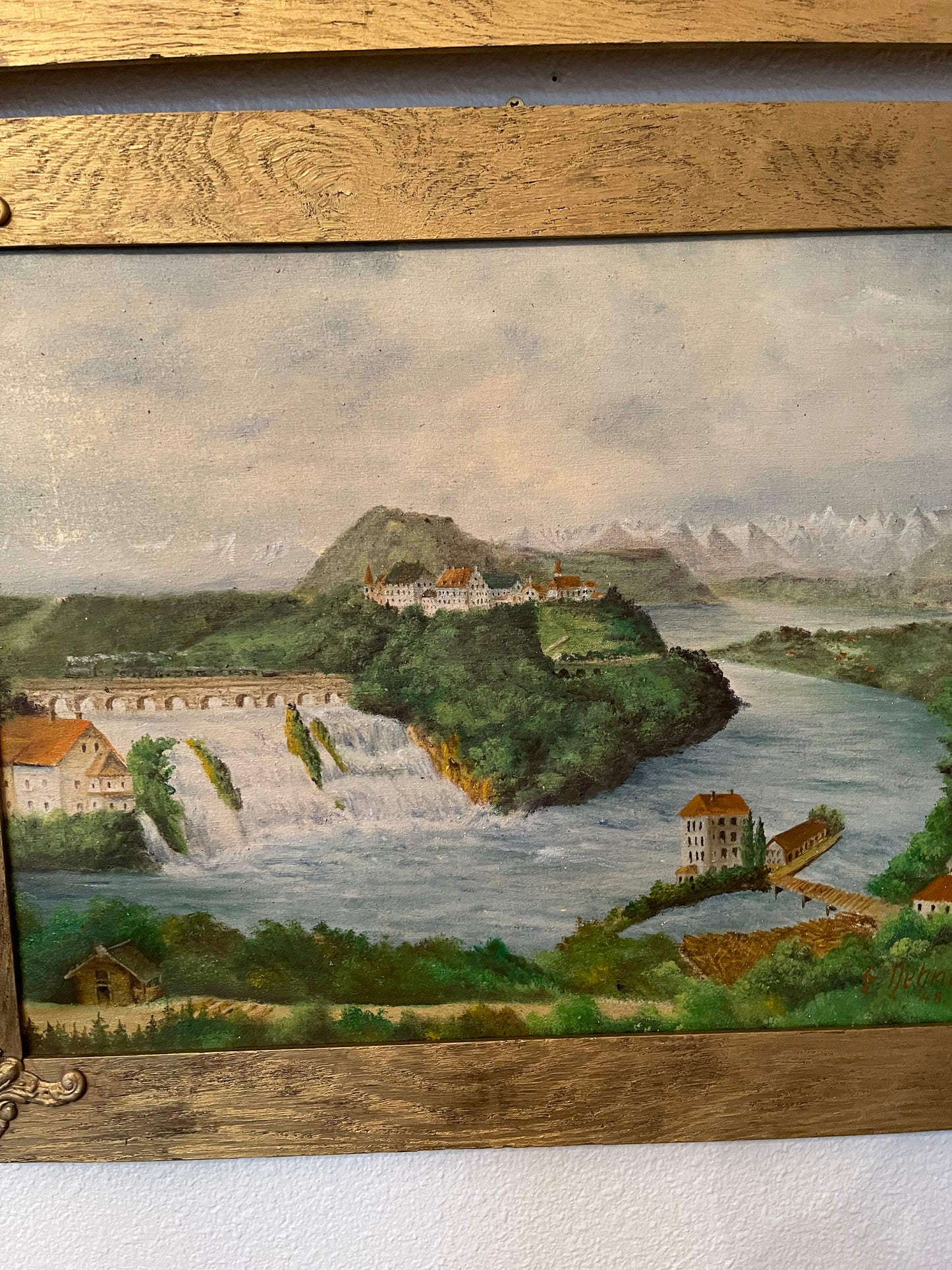 Antique Painting of the Rhine River in the Swiss Alps #1, Signed and Dated, Framed