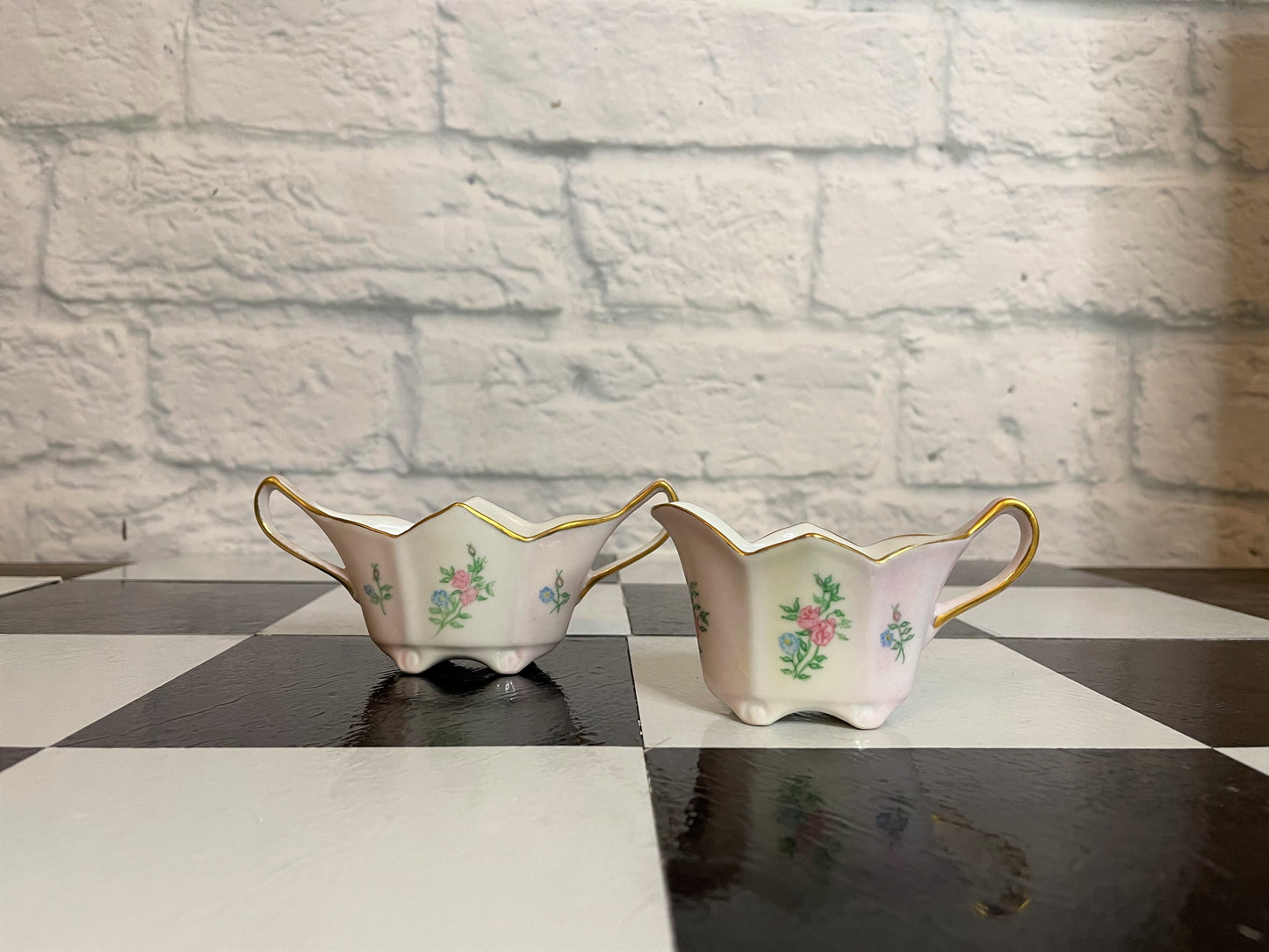 Pink and White Floral Creamer and Sugar Set - Vintage - Hand Painted