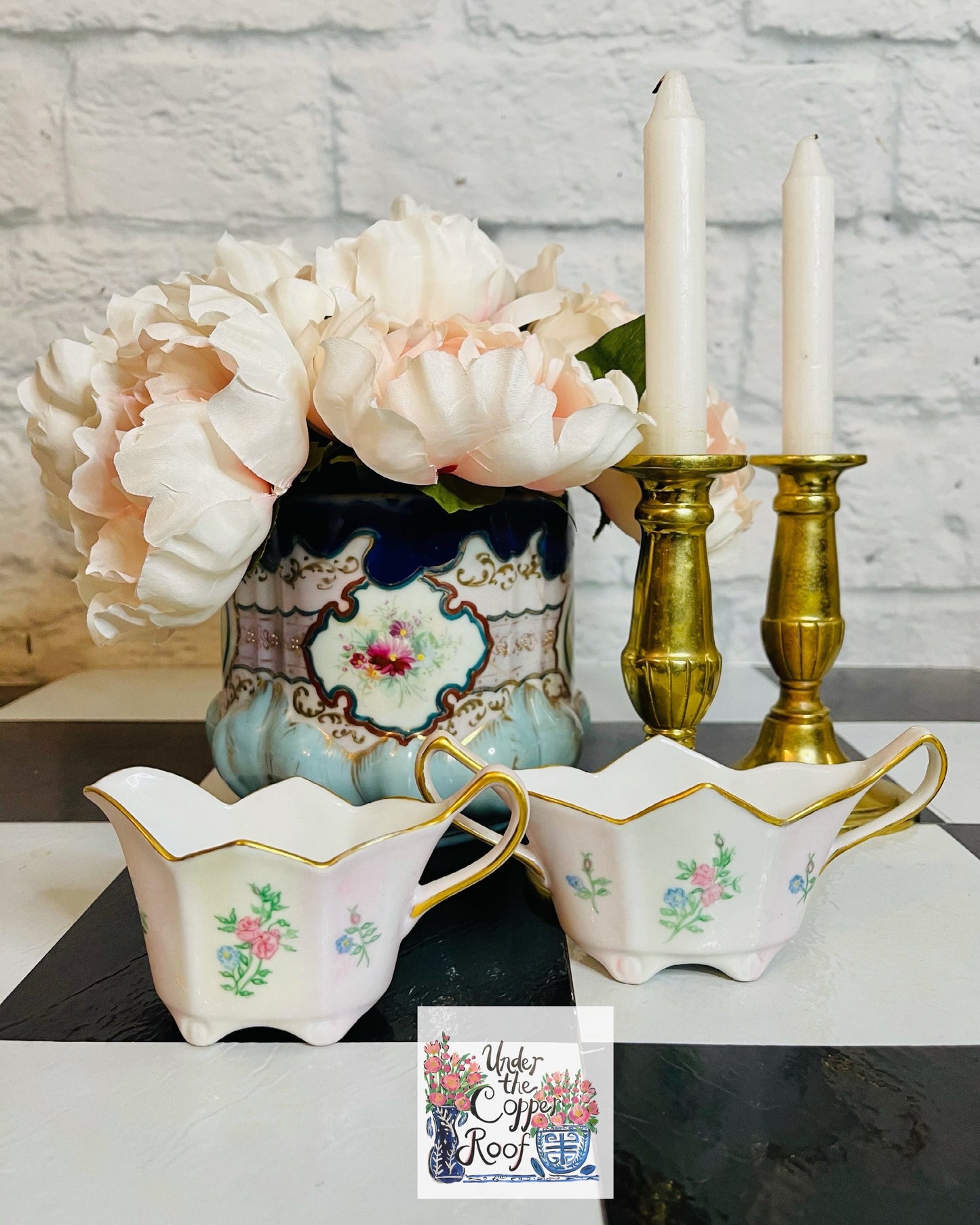 Pink and White Floral Creamer and Sugar Set - Vintage - Hand Painted