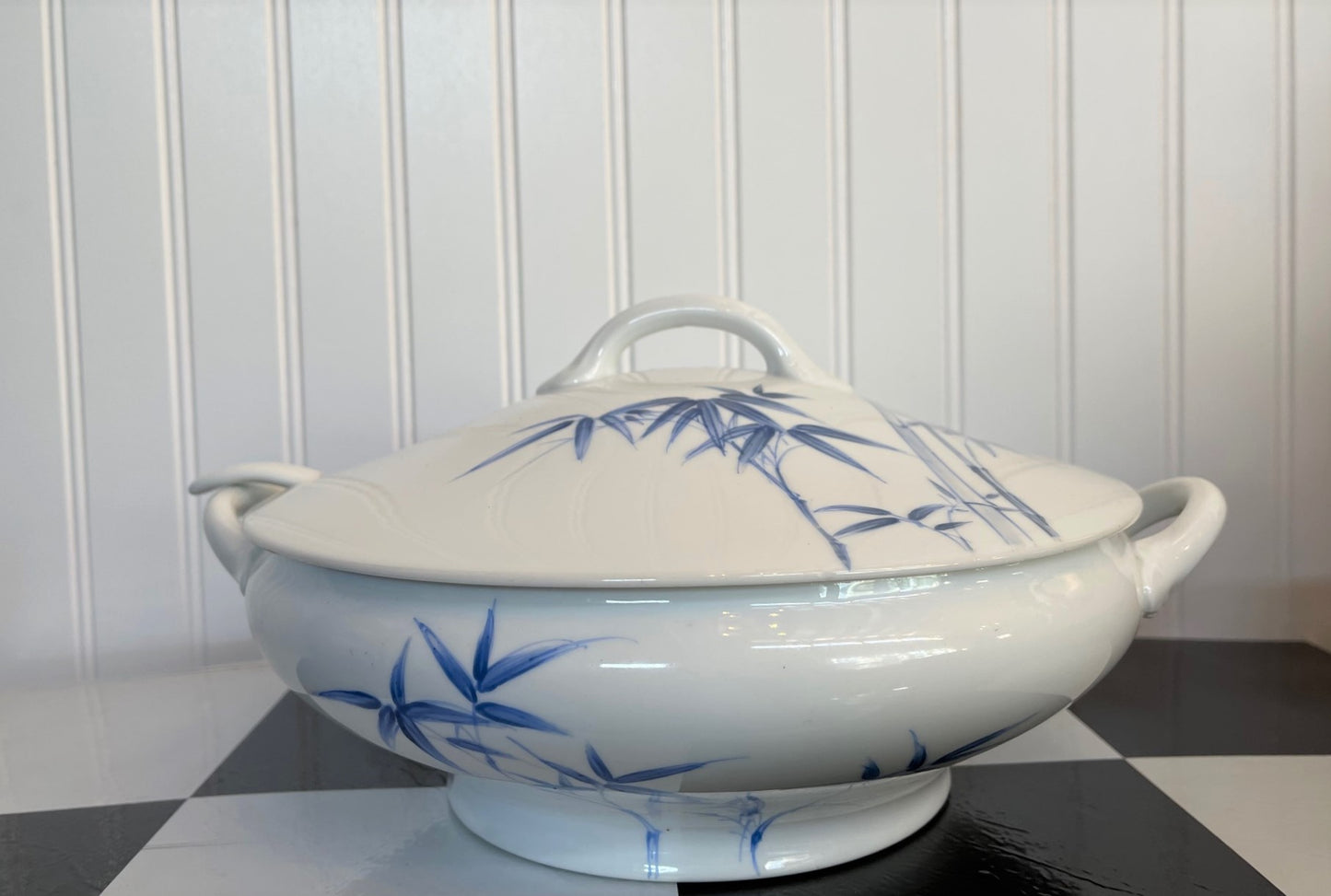 Blue and White Tureen, Hand Painted Bamboo, Vintage, Chinoiserie Chic Lidded Dish