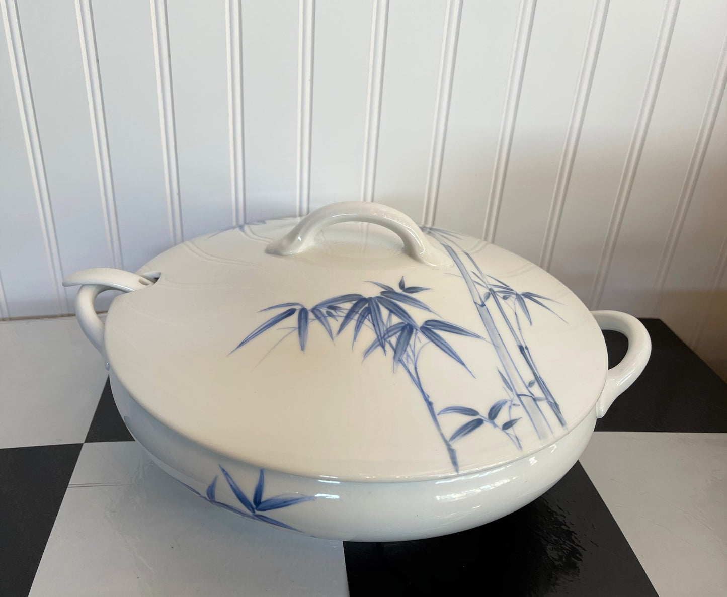Blue and White Tureen, Hand Painted Bamboo, Vintage, Chinoiserie Chic Lidded Dish