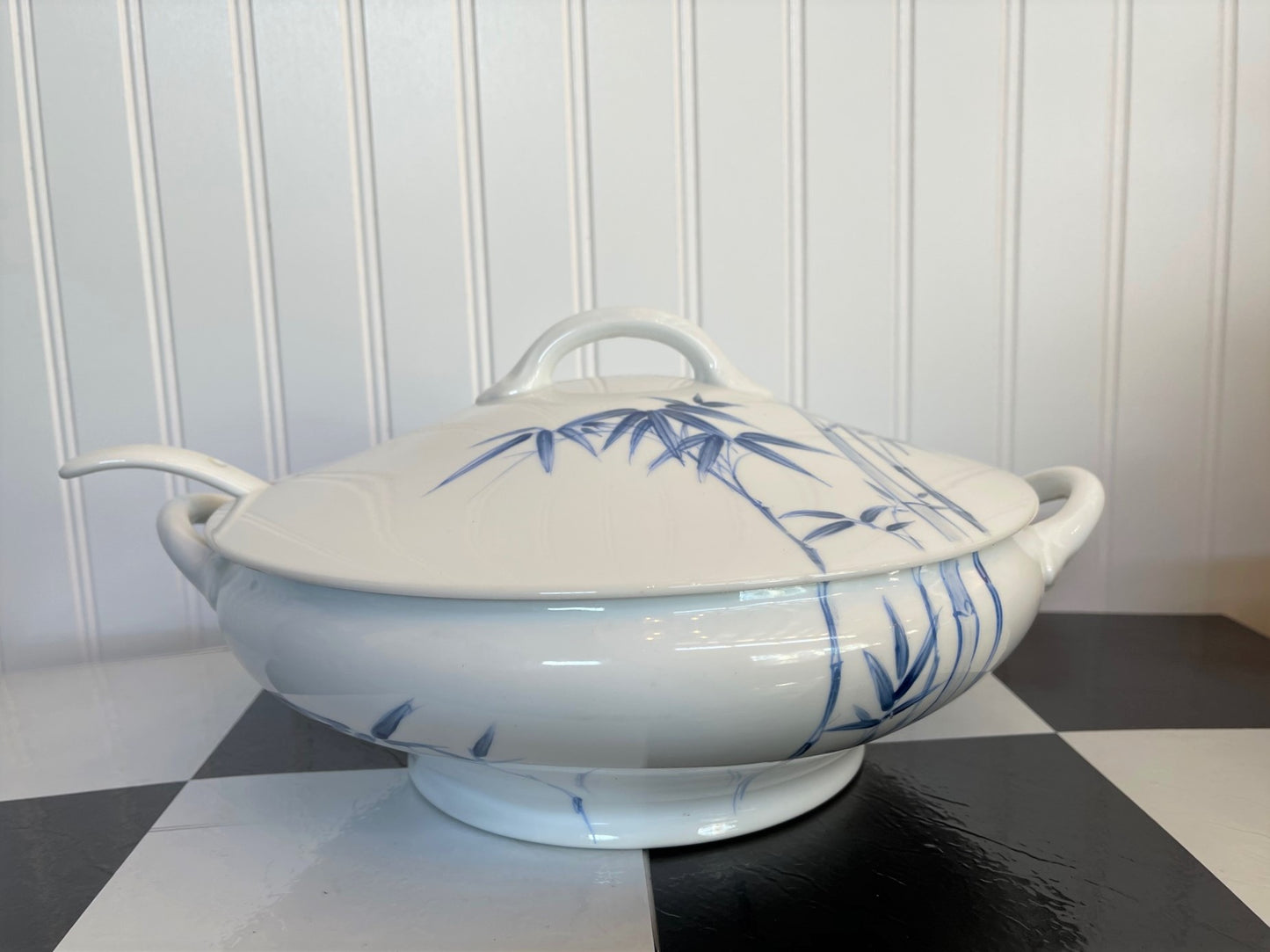 Blue and White Tureen, Hand Painted Bamboo, Vintage, Chinoiserie Chic Lidded Dish