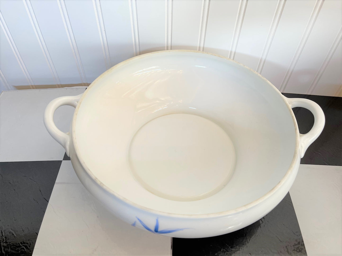 Blue and White Tureen, Hand Painted Bamboo, Vintage, Chinoiserie Chic Lidded Dish