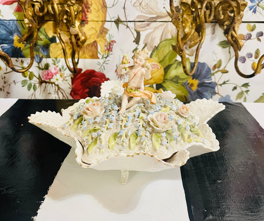 Antique Schierholz & Sohn Covered Footed Dish with Cherub and Applied Flowers