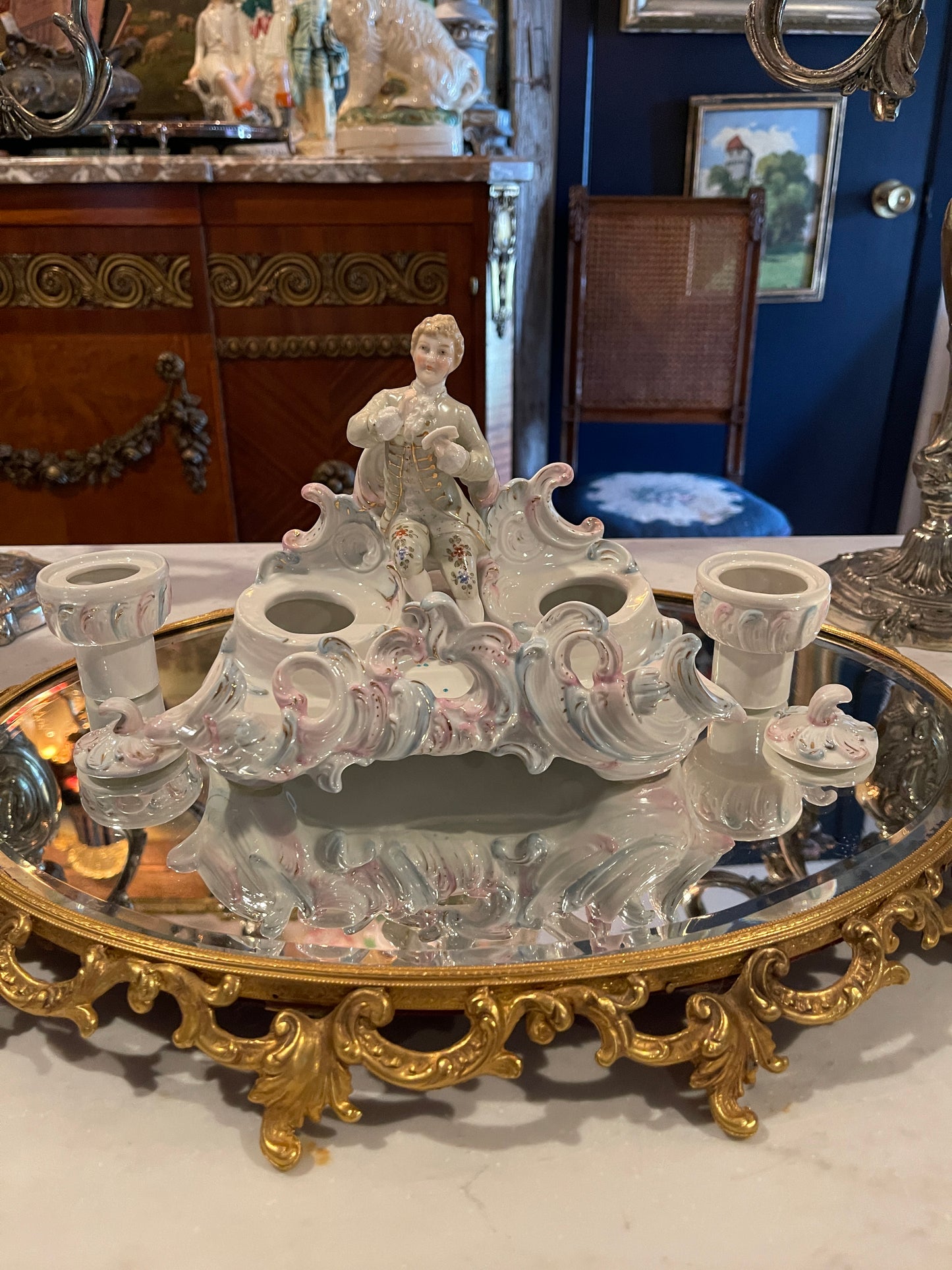 French Rococo-Style Porcelain Figural Inkwell with Lidded Inkwells