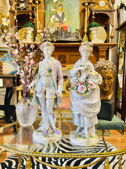 Monumental Pair of Meissen Porcelain Figural Statuettes|Hand-Painted | 24 Inches Tall