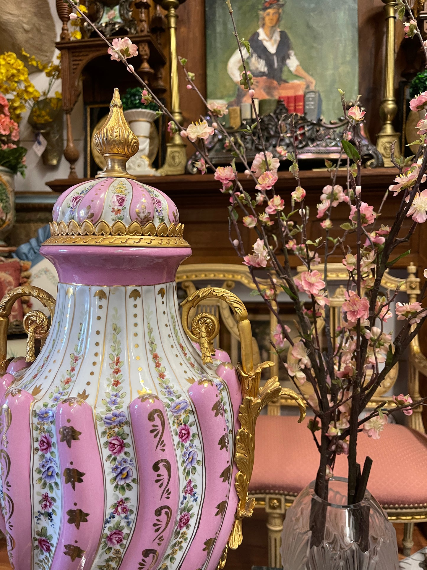 Monumental Pastel Porcelain Urns with Gilt Mounts|Pair | Grand Decorative Statement Vessels
