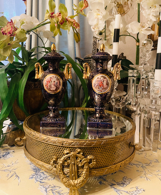 Vintage English Empire Ware Porcelain Urns – Neoclassical Gilt Transferware, Made in England