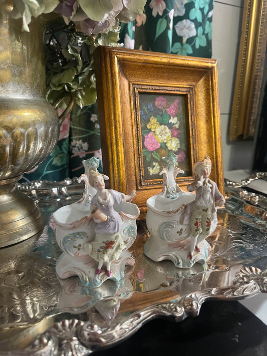 Antique French Figural Spill Vase Planter Pair, Hand Painted