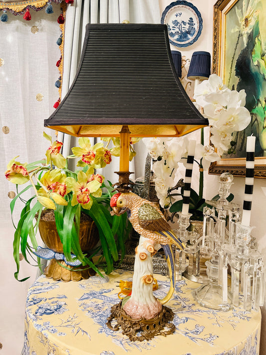 Vintage Parrot Lamp, Hand Painted Porcelain with Ormolu Accents